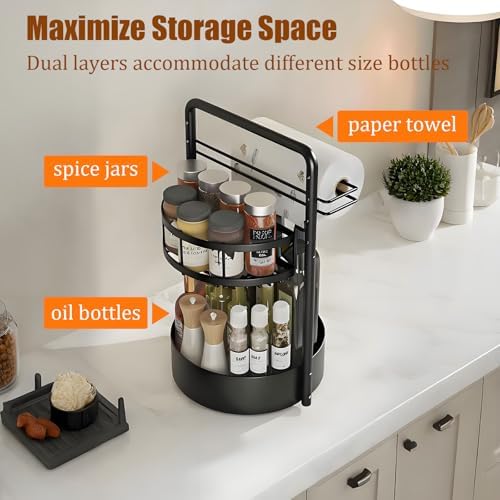JEESA Rotating Spice Rack with Paper Towel Holder, Black