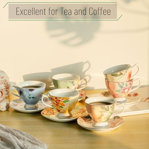 BTaT- Floral Tea Cups and Saucers, 6 Pack, 8 oz
