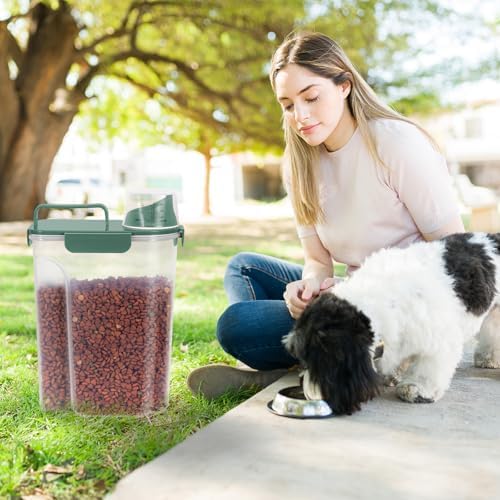 LEAWALK 5-7lbs Cat Dog Storage Container Portable with Upgraded Large Spout and Cup, Plastic Pet Food Dispenser BPA-Free for Small Animal Kibble, Bird Seed, Oatmeal, Rice, Flour-2Pack Royal Green