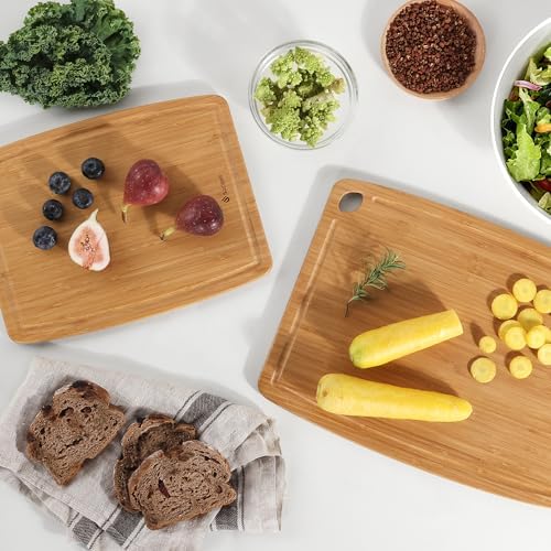 Lightweight Durable Bamboo Cutting Board Set with Non-Slip Feet, Wooden Cutting Boards for Busy Kitchen, Easy Storage & Clean Wooden Chopping Boards with Juice Groove Set of 2 (M+L)