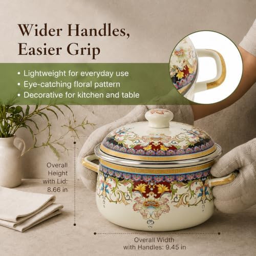 4.5 Qt Enamel Stock Pot with Lid, Floral Soup Pots for Cooking