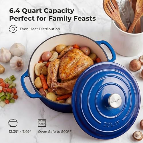 Zulay Kitchen 6.4QT Enameled Cast Iron Dutch Oven Pot with Lid, Heavy-Duty Soup Pot for Stews, Braising, Roasting & Sourdough Bread Baking, Oven Safe up to 500°F - Blue