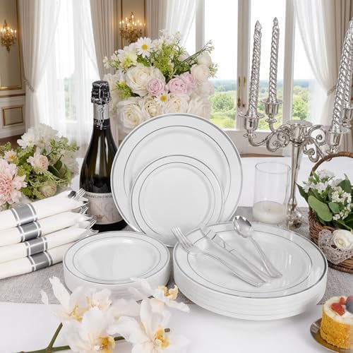 WDF Partyware 175PCS Sliver Plastic Plates - Silver Plates Disposable - White Plate with Silver Trim 25Guests Plastic Dinnerware Sets with Rolled Napkins for Wedding Baby Shower Spring Birthday