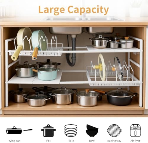 Pots and Pans Organizer Under Cabinet, Expandable Pots Organizers Inside Cabinet, Adjustable Height Under Sink Shelf 2 Tier with 10 Dividers Under Cabinet Shelf, Pot and Pan Lid Holder Rack (White)