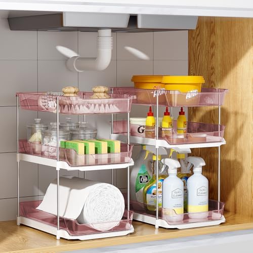 Delamu 2 Pack 3-Tier Bathroom Under Sink Organizers and Storage, Multi-Purpose Stackable Pantry Organization and Storage, Pull Out Clear Kitchen Bathroom Cabinet Organizer with Movable Dividers, Pink