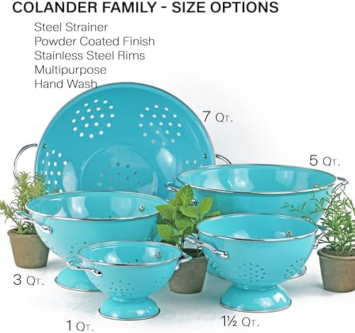 Reston Lloyd, 1.5 Quart Powder Coated Steel Kitchen Strainer Basket for draining Pasta, Vegetable and Fruit, Chrome Handles and Wide Stable Base, Aqua-Blue