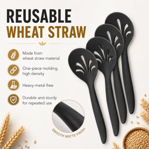 Reusable Plastic Serving Utensils Set of 16, 10" Wheat straw Large Serving set Serving Spoons/Slotted Spoons/Tongs/Sporks, for Party Buffet Catering (Black, Not for Cooking)