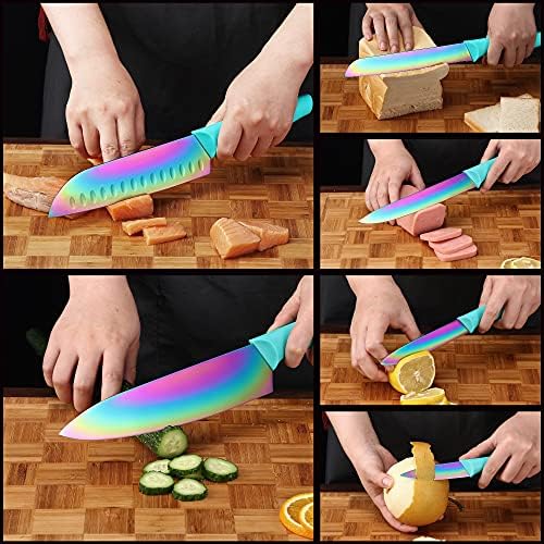 Knife Set with Spoons, KYA37B Knife Sets with Blade Guards and Measuring Spoons, Marco Almond® Rainbow Color 17-Piece Stainless Steel Kitchen Knives Set with Covers