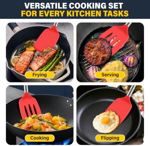 2 Pack Silicone Spatula Set, Solid & Slotted Turner for Non-Stick Pans, High Heat Resistant Silicone Spatula for Cooking, BPA-Free Stainless Steel Cooking Utensils for Fish, Eggs, Pancakes, Red