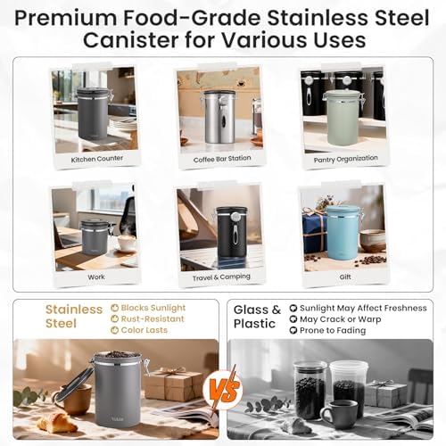 Veken Coffee Canister,39OZ, 2.2lbs,Large Airtight Stainless Steel Container Kitchen Food Storage Jars for Beans,Ground, Espresso, Rice,Tea, Sugar, Cereal, Gifts, Date Tracker, Scoop, Silver(Pack of 2)