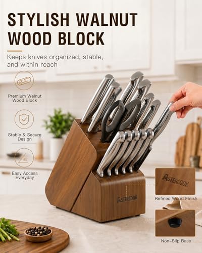 Astercook Knife Set 15 Piece German Steel Kitchen Knife Block Set