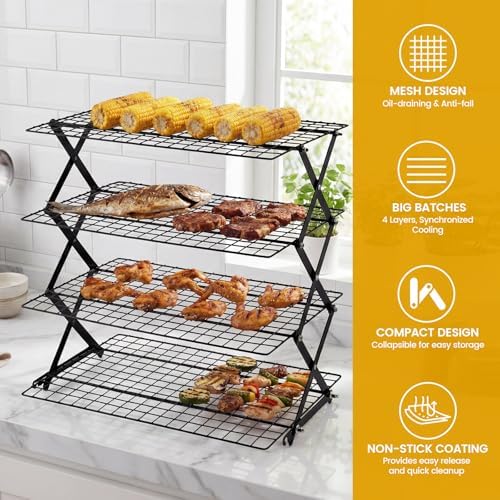 4-Tier Upgraded Collapsible Cooling Rack with Adjustable Setting Design,Cooking Drying Wire Cooling Rack for Baking, Cookies, Cake, Roasting, Grilling