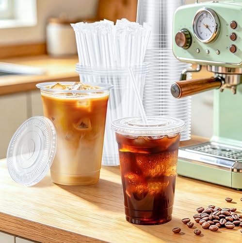 BYSNOW 16 oz 100 Pack Clear Plastic Iced Coffee Cups with Lids Disposable