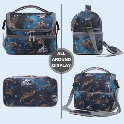 FlowFly Double Decker Cooler Insulated Lunch Bag Large Tote for Boys, Girls, Men, Women, With Adjustable Strap, MyDinosaur