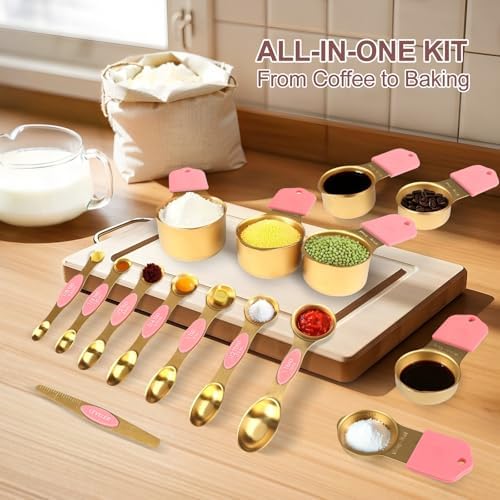 16-Piece Magnetic Measuring Cups & Spoons Set, Stainless Steel, Pink & Gold
