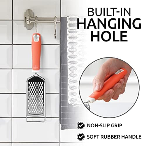 Zulay Kitchen Professional Cheese Grater Stainless Steel - Durable Rust-Proof Metal Lemon Zester Grater With Handle - Flat Handheld Shredder for Parmesan, Chocolate, Spices, And More - Orange