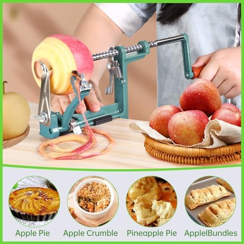 Apple Peeler Corer, Long lasting Chrome Cast Magnesium Alloy Apple Peeler Slicer Corer with Stainless Steel Blades and Powerful Clamp Base for Apples and Potato(DeepGreen)
