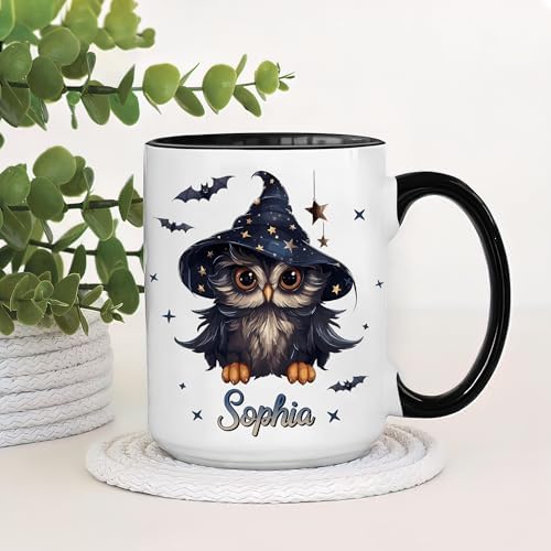 Hyturtle Personalized Halloween Owl Mug - Owl Gift For Women Lover - Wild Animal Lover Gift For Her - Spooky Season Decor For Fall Season Halloween - Custom Name Coffee Cup Ceramic Mug 11 oz 15 oz