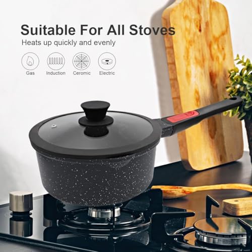 1.5 Qt Nonstick Saucepan with Lid, Small Sauce Pot with Pour Spout, Black