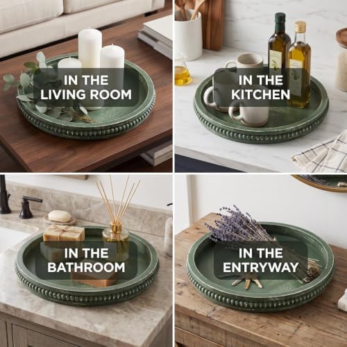 Hrastany Round Green Wood Decorative Tray, Coffee Table Tray for Ottoman