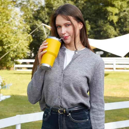 MEWAY 30oz Insulated Tumbler With Lids and Straws,Stainless Steel Double Vacuum Coffee Tumbler Cup, Brush, Durable Powder Coated Coffee Cup for Cold & Hot Drinks, Office, Travel(Yellow,8 PACK)