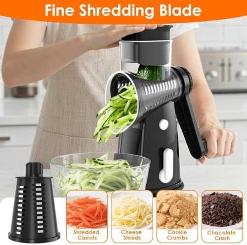 MealHelper 5 Blade Rotary Cheese Grater and Vegetable Chopper with Storage Box and Hand Crank, Compact Shredder for Cheeses, Veggies, Nuts - Easy to Use, Non-slip Suction Base,Black