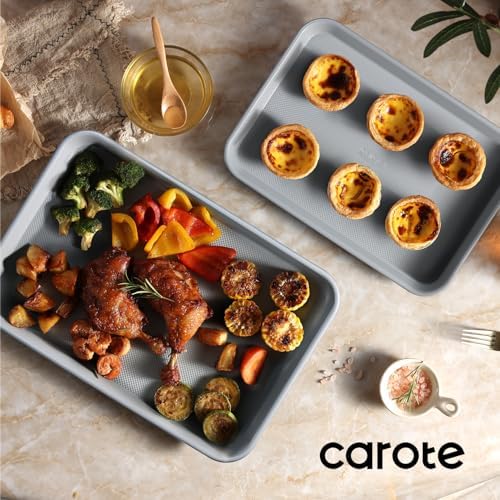 CAROTE 3-Piece Baking Sheet, Nonstick Cookie Sheets, Blue & Grey