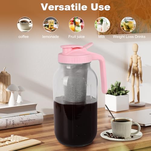 Cold Brew Coffee Maker, 64 oz Mason Jar Pitcher with Stainless Steel Filter, Pour Spout Handle Lid, Heavy Duty Glass Airtight & Leak-Proof for Iced Coffee,Tea & Lemonade