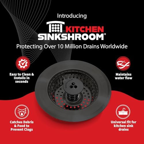 Kitchen SinkShroom Clog-Free Kitchen Sink Drain Strainer with Stopper - Sink Protector for Kitchen Sink, Stainless Steel, Matte Black