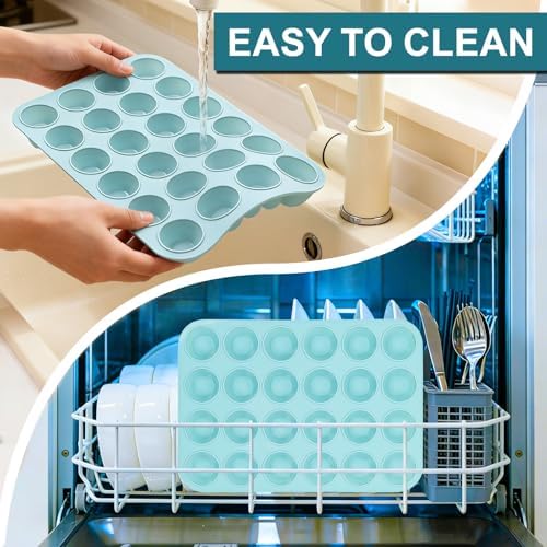 CAKETIME Silicone Mini Muffin Pan, 24 Cups Nonstick Mini Cupcake Pan for Baking Muffin, Cupcake, Egg Bites, Fat Bomb, Light Blue