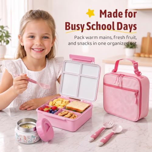 Bento Box for Kids with Thermo Food Container (9oz), 4-Compartment Lunch Box, Adjustable Divider, Leakproof Bento Lunch Box, Includes Utensils & Carry Bag for School, Office(White-Horse)