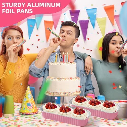 100 Pack 6.8 oz Rectangular Mini Loaf Pans with Lids and Spoons,Disposable Aluminum Foil Mini Cake Pans and Baking Tins with Sealing Stickers, Individual Pink Dessert Containers for Parties