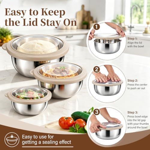 P&P CHEF Mixing Bowls with Lids Set of 3, Khaki Stainless Steel Salad Bowl