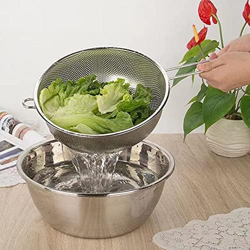 Stainless Steel Fine Mesh Colander with Long Handle, 6-Inch Metal Food Strainer with Resting Feet, Micro-Perforated Colander Metal Kitchen Strainer for Fried Food Vegetable Fruit(silver)