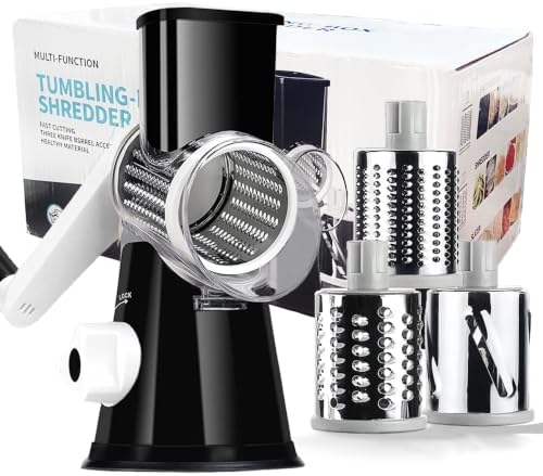 Handheld Rotary Cheese Grater Shredder- 3 Interchangeable Stainless Steel Drum Blades Manual Round Mandolin Vegetable Slicer Nut Grinder with Upgraded Strong Suction Base & Free Sharp Peeler, Black