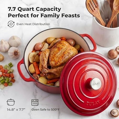 Zulay Kitchen 7.7 Quart Enameled Cast Iron Dutch Oven Pot with Lid – Premium Durability & Oven Safe up to 500°F – Heavy Duty Cookware Perfect for Bread Baking, Stews, Braising & Roasting – Ablaze Red