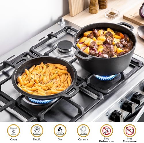 Velaze Cast Iron Dutch Oven with Skillet Lid, 2-in-1 Pre-Seasoned, 5QT
