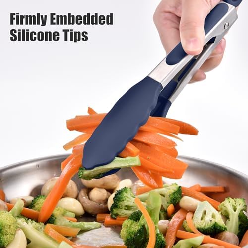Doosu Kitchen Tongs with Silicone Tips for Cooking Serving (7in, Navy Blue)