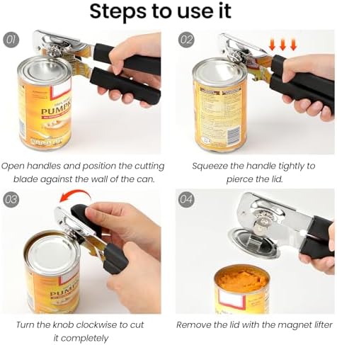 Can Opener Manual with Magnet Lift, Heavy Duty Handheld Smooth Edge Can Tin Opener for Seniors, Durable Sharp Cutting Blade,Easy Turn Knob Multifunctional Bottle Opener