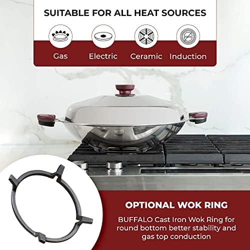 BUFFALO Stainless Steel Wok Pan with Lid Round Bottom 15 inch (38cm)