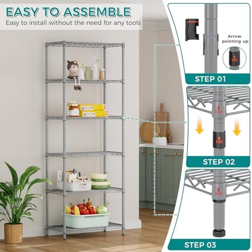 SINGAYE 6 Metal Shelves Wire Shelving Storage Shelf Adjustable Unit Pantry