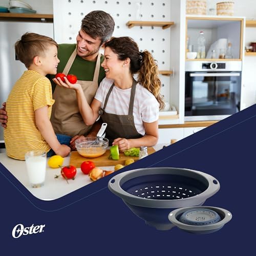 Oster Bluemarine 10-Inch Foldable Strainer – Collapsible Colander for Pasta, Vegetables, Fruits, Space-Saving Kitchen Tool, Blue/Grey Dishwasher Safe