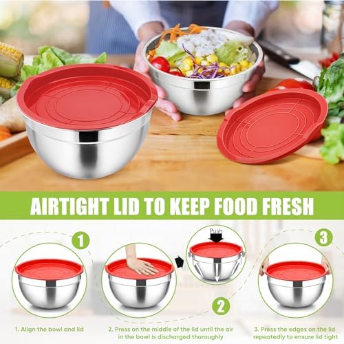 P&P CHEF Metal Mixing Bowls with Lids Set, Airtight Lids & Red
