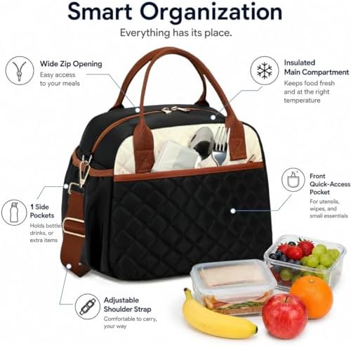 CAMTOP Lunch Box for Women Insulated Lunch Bag Large Lunchbox Cooler Thermal Leakproof Quilted Reusable Lunch Tote Bag for Work School Travel Picnic