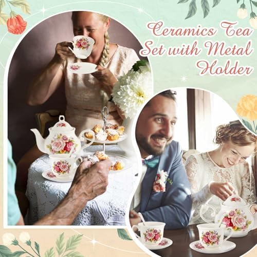 Zhehao 20 Pcs Porcelain Tea Set for Adult, with Metal Holder, Modern