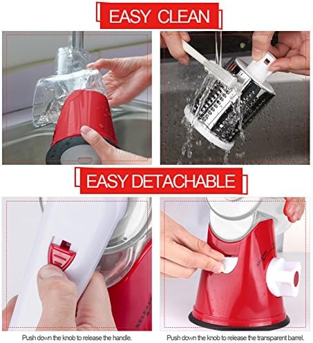 Cambom Rotary Cheese Grater Hand Crank Cheese Shredder for Fresh Cheese, Vegetable, Nuts,Non-slip Suction Base,Three Blades,Red
