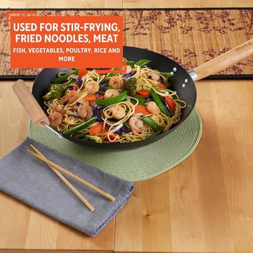 IMUSA 14 Inch Carbon Steel Nonstick Wok with Wood Handles, Black