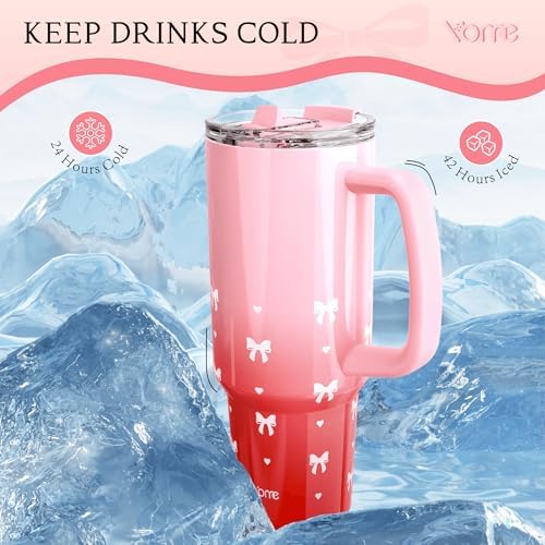YOME 40 oz Bow Red Tumbler with Handle and Flip Straw for Women | Stainless Steel Insulated Water Bottle | Keeps Drinks Cold | Dishwasher Safe | Cupholder Friendly | Gift Gym Travel Yoga