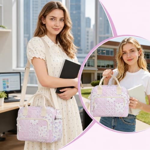 WOBAGMEN Quilted Lunch Box for Women,Large Floral Insulated Lunch Bag with Multiple Pockets,Adjustable Strap,Reusable Lunch Tote Box for Work Picnic Travel (Purple Floral Patchwork, M)
