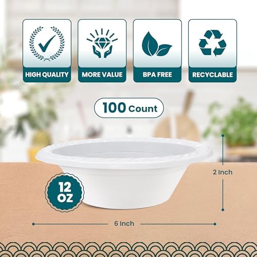 R-kay Plastic Bowls - 100 Count Microwavable Disposable Bowls - Strong Heavy Duty And Sturdy White Plastic Bowls Disposable (12 OZ, 100)